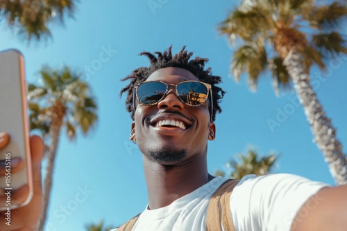 Smiling man enjoys sunny day in colorful city with stylish sunglasses and vib...