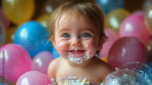 Baby joyfully celebrates birthday with cake and colorful balloons in the back...
