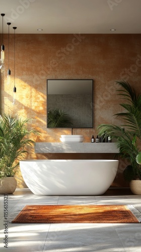 Modern bathroom design featuring a freestanding tub and elegant vanity with n...