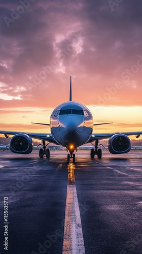 Airplane on runway in rainy weather during twilight with bright lights illumi...