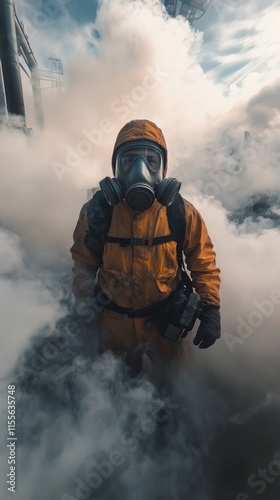 Mysterious figure in gas mask surrounded by industrial smoke in urban setting