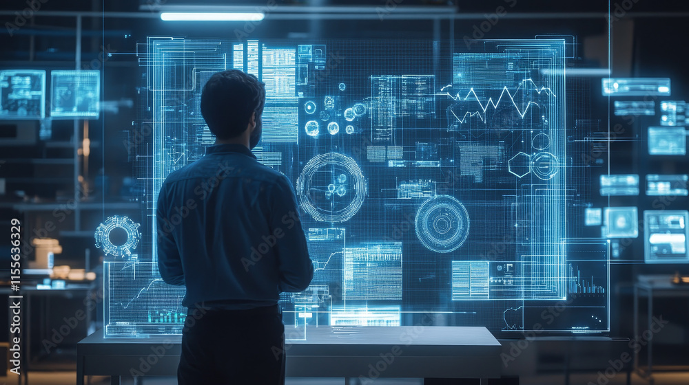 Hologram AI. AI made of polygons, triangles, dots, and lines. Low-poly AI structure of connections. Technology concept vector. Hologram AI. AI made of polygons, triangles, dots, and lines. Low-poly AI structure of connections. Technology concept vector.