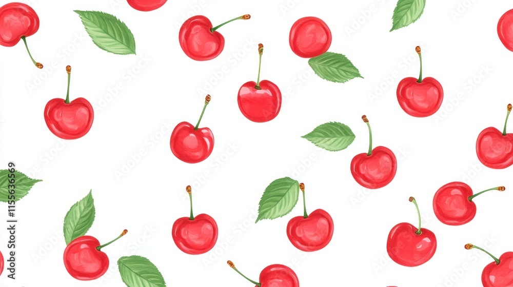 Seamless pattern of ripe red cherries and green leaves on white background. Seamless pattern of ripe red cherries and green leaves on white background.