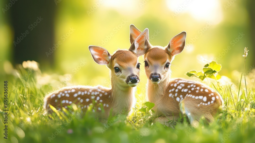 Two adorable fawns resting together in a sunlit meadow filled with greenery. Two adorable fawns resting together in a sunlit meadow filled with greenery.