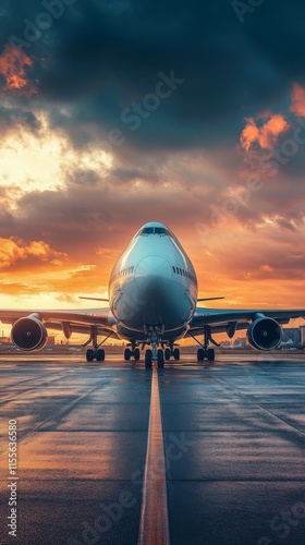 Airplane on runway in rainy weather during twilight with bright lights illumi...
