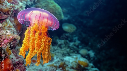 Majestic jellyfish drifting through clear ocean water in a vibrant underwater...