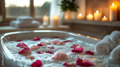 Relaxing bubble bath with rose petals and soft candlelight in a serene bathro...