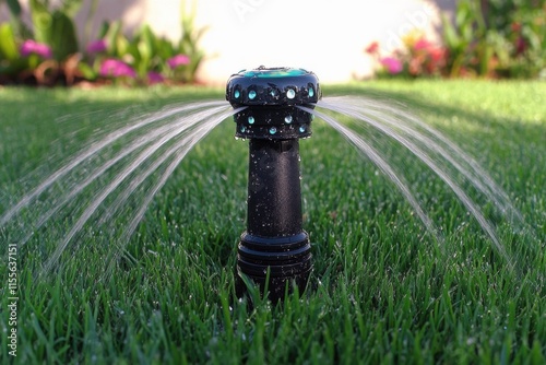 Lawn sprinkler watering fresh green grass during sunny afternoon in garden