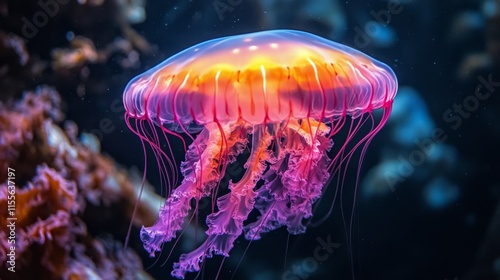 Majestic jellyfish drifting through clear ocean water in a vibrant underwater...