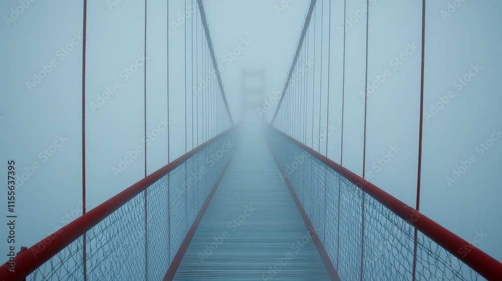 Foggy suspension bridge pathway disappearing into mist. Foggy suspension bridge pathway disappearing into mist.