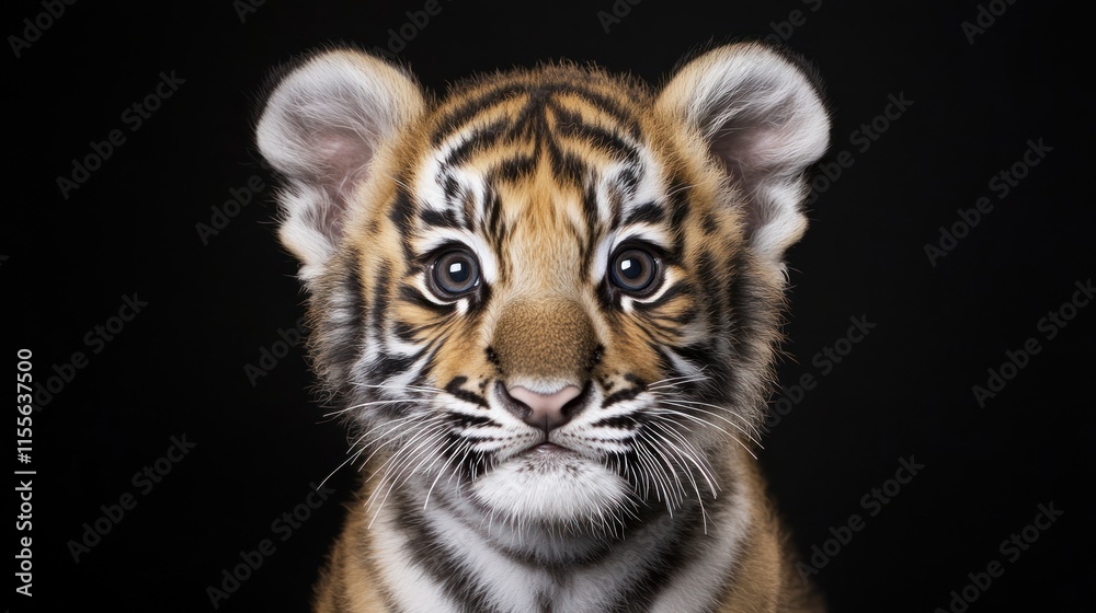 Fototapeta premium Adorable tiger cub portrait against black background. (2)