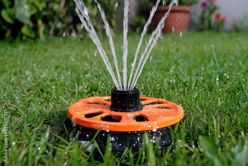 Lawn sprinkler watering fresh green grass during sunny afternoon in garden