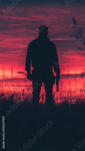 Silhouette of a person standing against a dramatic sunset with a firearm in hand