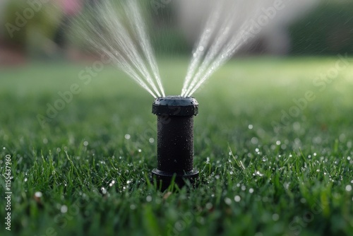 Lawn sprinkler watering fresh green grass during sunny afternoon in garden