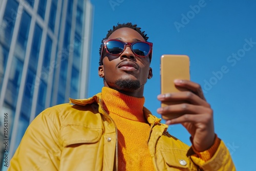 Smiling man enjoys sunny day in colorful city with stylish sunglasses and vib...
