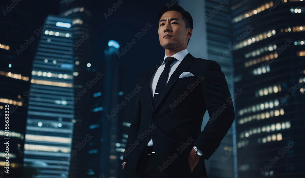 Fototapeta premium Businessman in black suit against night city buildings. Corporate success advertising