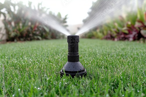 Lawn sprinkler watering fresh green grass during sunny afternoon in garden