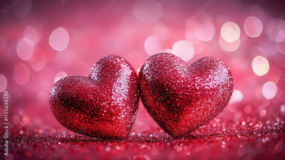 Fototapeta premium Close-up of heart shape set on pink abstract glowing background with bokeh lights.