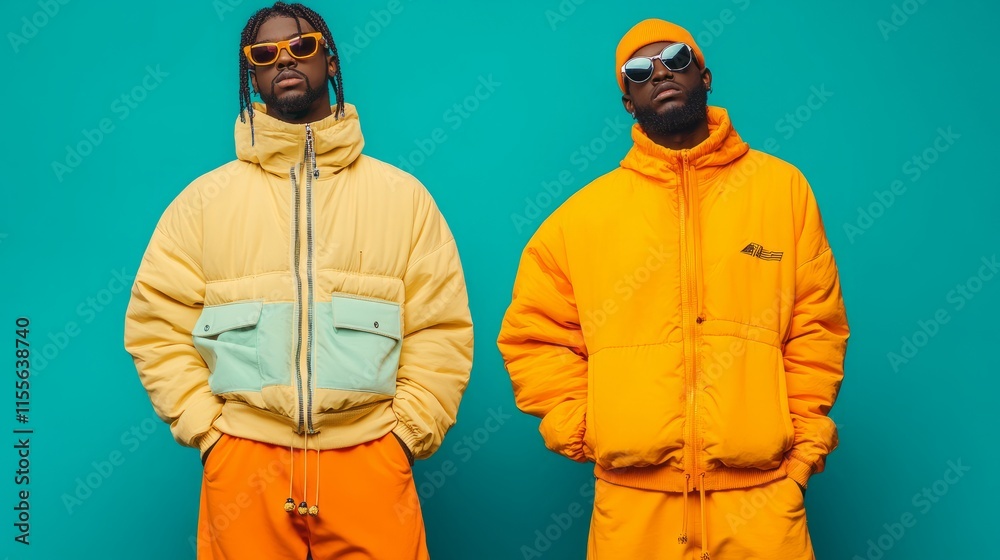 gang stylish individuals wearing vibrant outfits and sport , standing against a bold, split cool background. gang stylish individuals wearing vibrant outfits and sport , standing against a bold, split cool background.