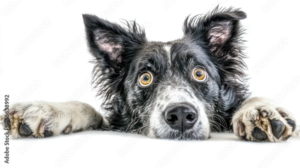 Cute border collie dog with big eyes looking over a white surface.