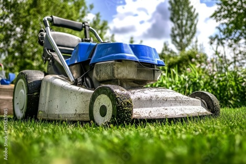 Lawn mower on freshly cut grass in a residential garden during a sunny day