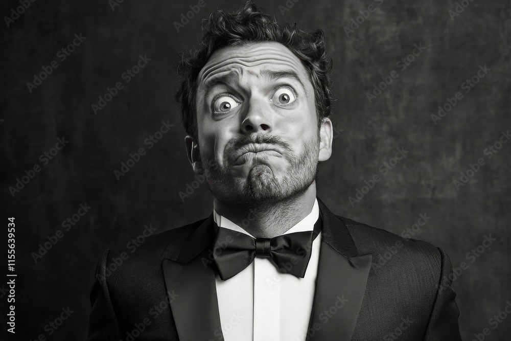 Fototapeta premium Man in formal attire making a funny face while sitting against a yellow background