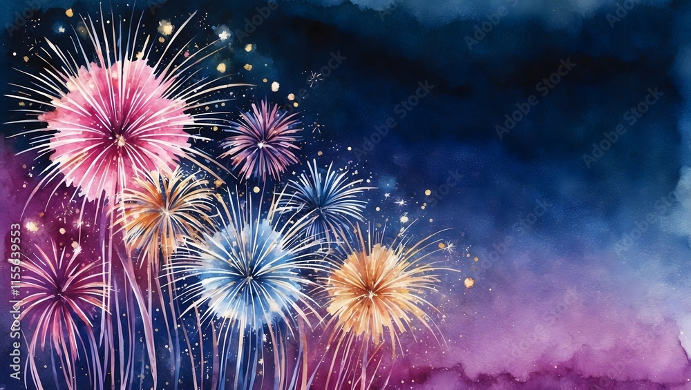 Fototapeta premium Dreamy Nighttime Sky with Vibrant Fireworks in Watercolor