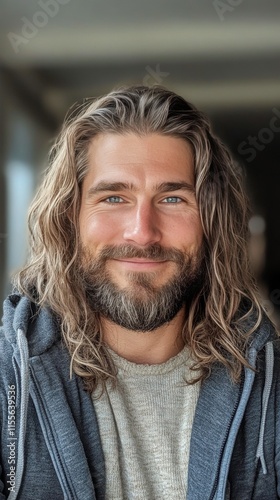 Handsome man with long hair and beard smiling in a modern indoor setting