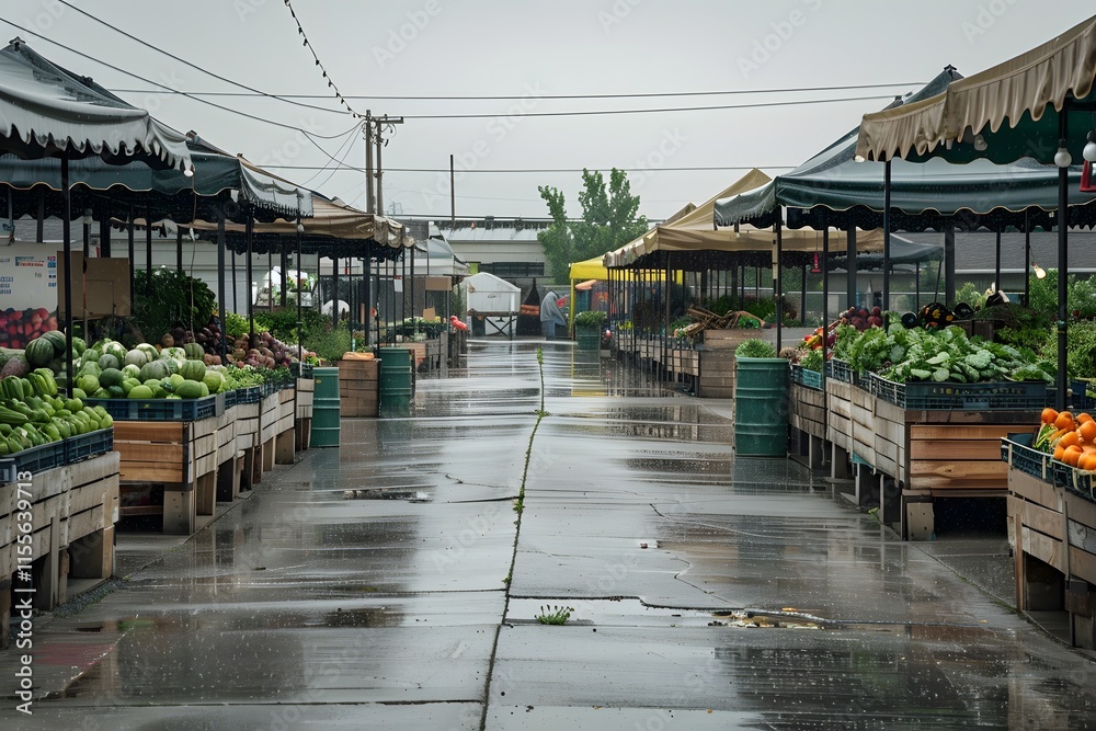 Fresh Produce Stalls Under Canopies in a Rainy Outdoor Market Setting with Glowing Reflections on the Wet Pavement and Overhead Power Lines Fresh Produce Stalls Under Canopies in a Rainy Outdoor Market Setting with Glowing Reflections on the Wet Pavement and Overhead Power Lines