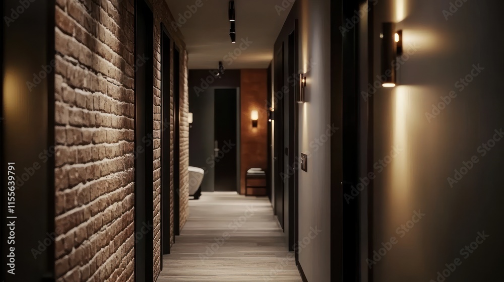Dark hallway with exposed brick wall, wooden floor, and warm lighting. Dark hallway with exposed brick wall, wooden floor, and warm lighting.