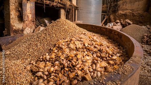 transparent overlay of oil seeds mixed with a grain storage silo, symbolizing the processing and storage of oil seeds before export. [Export products]:[Oil seeds]  photo