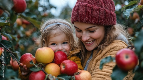 Heartwarming moment of a woman and child holding apples in a cozy, rustic set...