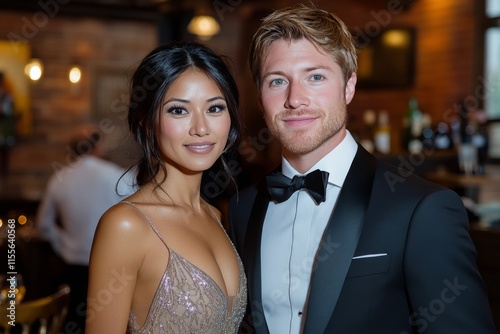 Elegant couple celebrating with champagne at a glamorous evening event