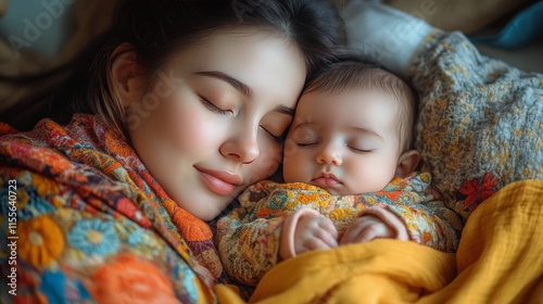 Mother and baby cuddle in cozy blanket together during afternoon at home