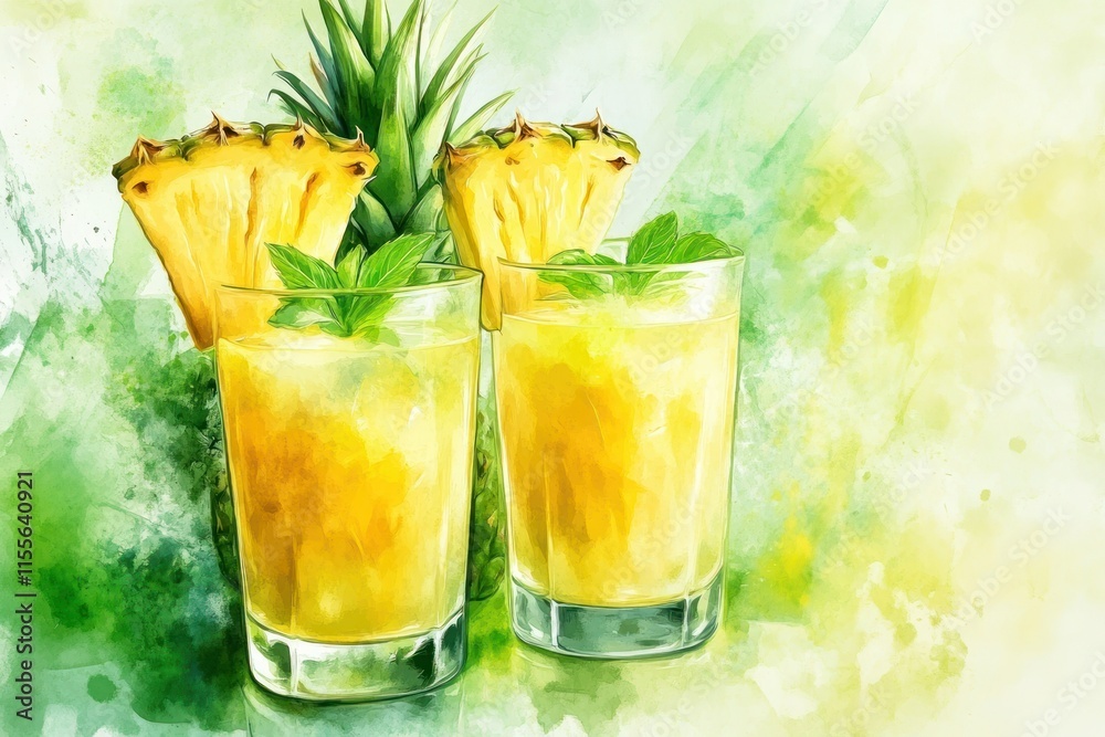 Two glasses of refreshing pineapple juice with mint and pineapple slices, watercolor style. Two glasses of refreshing pineapple juice with mint and pineapple slices, watercolor style.