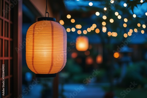 Softly glowing lanterns illuminate a serene garden during twilight hours