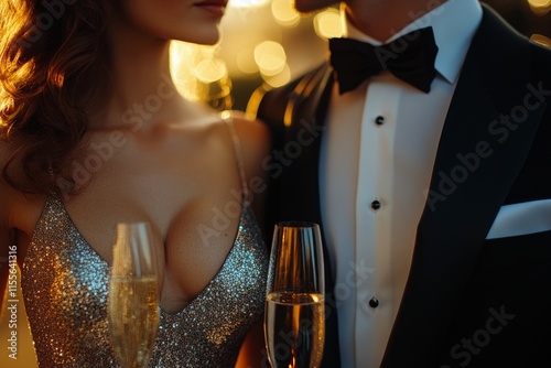 Elegant couple celebrating with champagne at a glamorous evening event