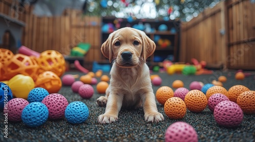Happy dog plays with colorful balls alongside two smiling children outdoors