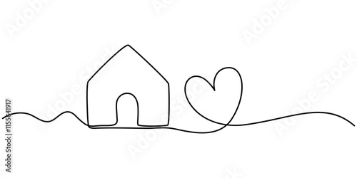 Home Sweet Home Continuous Line Icon, Heart inside house continuous one line drawn. Love home concept. Vector illustration isolated on white, Home Sweet Home Continuous Line Icon, Home with heart line