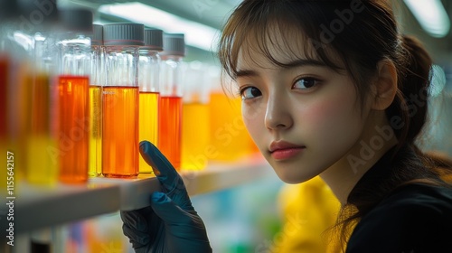 Young scientist analyzing colorful samples in modern laboratory setting