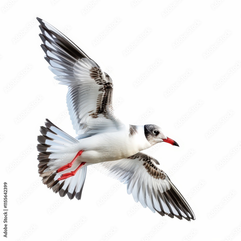 Obraz premium A white and black bird with red feet is flying in the air