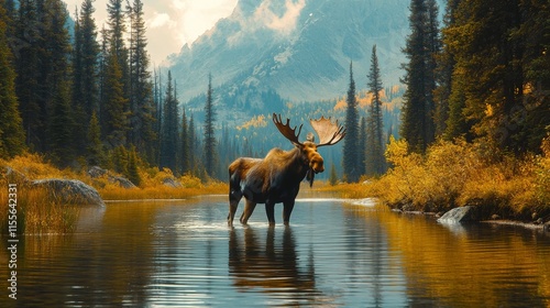 Majestic moose wading through calm waters surrounded by mountains and trees d...