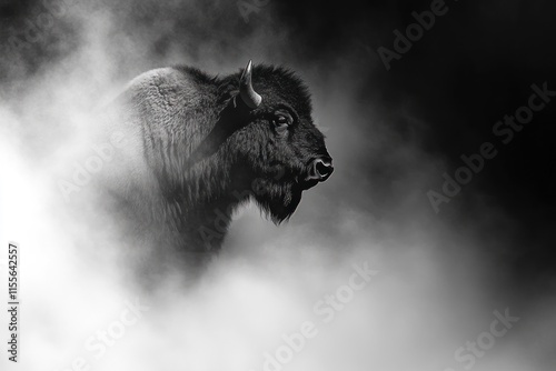 Majestic bison emerging from fog, monochrome. photo