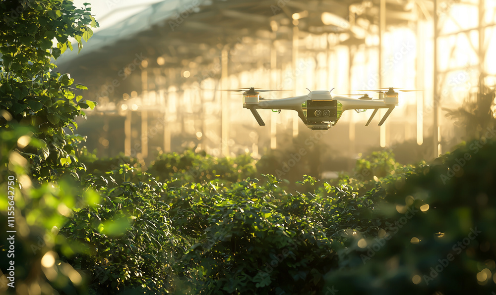 A drone flies over lush greenery in a sunlit greenhouse, showcasing modern agricultural technology in a vibrant environment. A drone flies over lush greenery in a sunlit greenhouse, showcasing modern agricultural technology in a vibrant environment.