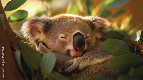 Koala resting peacefully among eucalyptus leaves in an Australian habitat set...