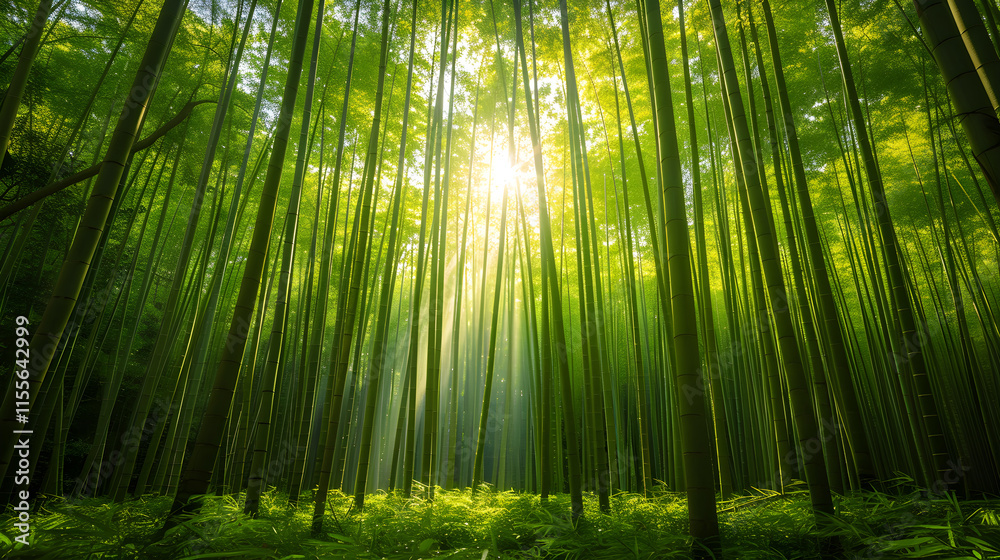 Fototapeta premium Emerald Enclave: A Meditative Walk Through a Bamboo Forest Bathed in Sunlight