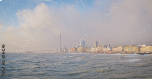 Windy and Wavy Ocean of the Brighton Beach, Famous Tourist Destination, United Kingdom, Europe photo