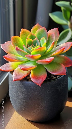 Colorful succulent plant in a black pot near a bright window in natural light