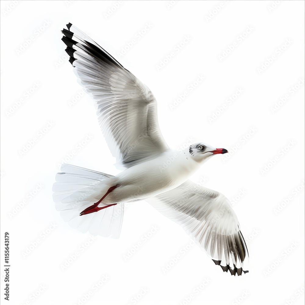 Obraz premium A white seagull with red feet flies in the air