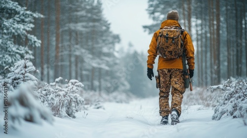 Soldier in winter forest landscape with snow-capped trees and misty atmosphere